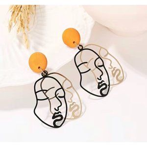 "Women Face" Gold Black Reversible Abstract Face Drop Earring